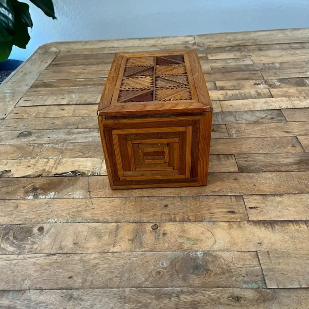Handmade Vintage Jewelry Box Trinkets Folk Art Inlay Two Drawer Wooden 8.5